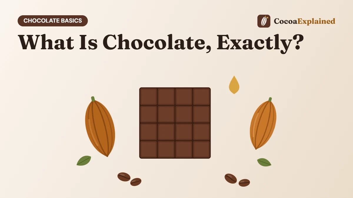 What Is Chocolate, Exactly? Illustration of a chocolate bar with cacao pods and cocoa beans